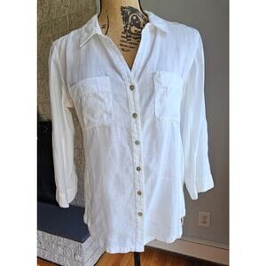 Eileen Fisher Linen Cotton 2 Panel White Button Up Blouse Top, 3/4 Sleeve